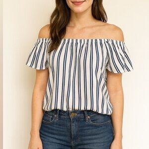 Timing Off Shoulder Blue and White Striped Blouse Size Large